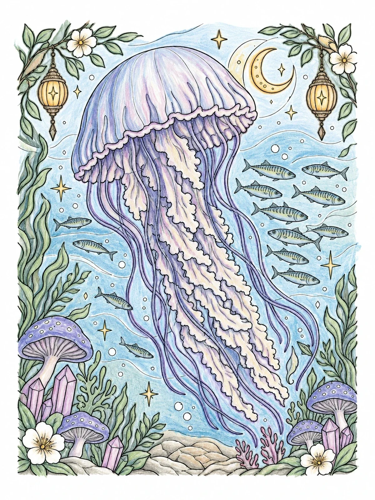 Colored example of the Giant Jellyfish With School Of Fish coloring page