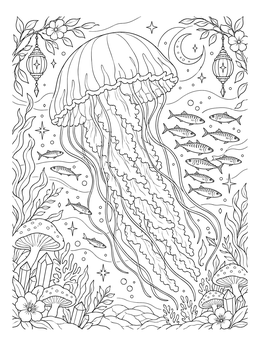 A giant jellyfish coloring page surrounded by schooling fish and whimsical lanterns.