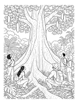 Hikers gaze up at a giant tree in this detailed rainforest coloring page.