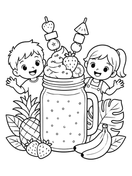 Free printable Happy Kids With Giant Mason Jar Smoothie coloring page