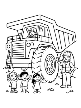 Kids visiting a massive vehicle on this fun dump truck coloring page.