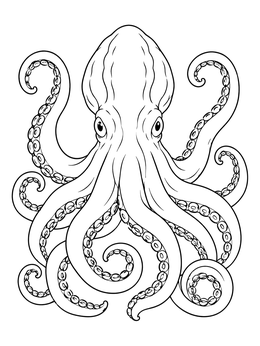 A detailed kraken in this monster coloring page with swirling tentacles and suction cups.