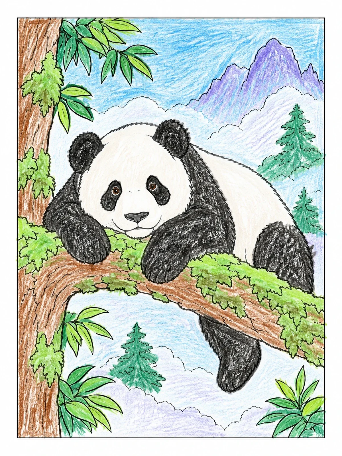 Colored example of the Giant Panda Resting On Tree Branch coloring page