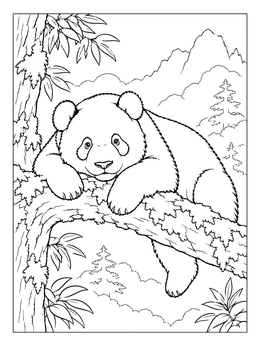 A peaceful giant panda resting on a thick branch in this panda coloring page.
