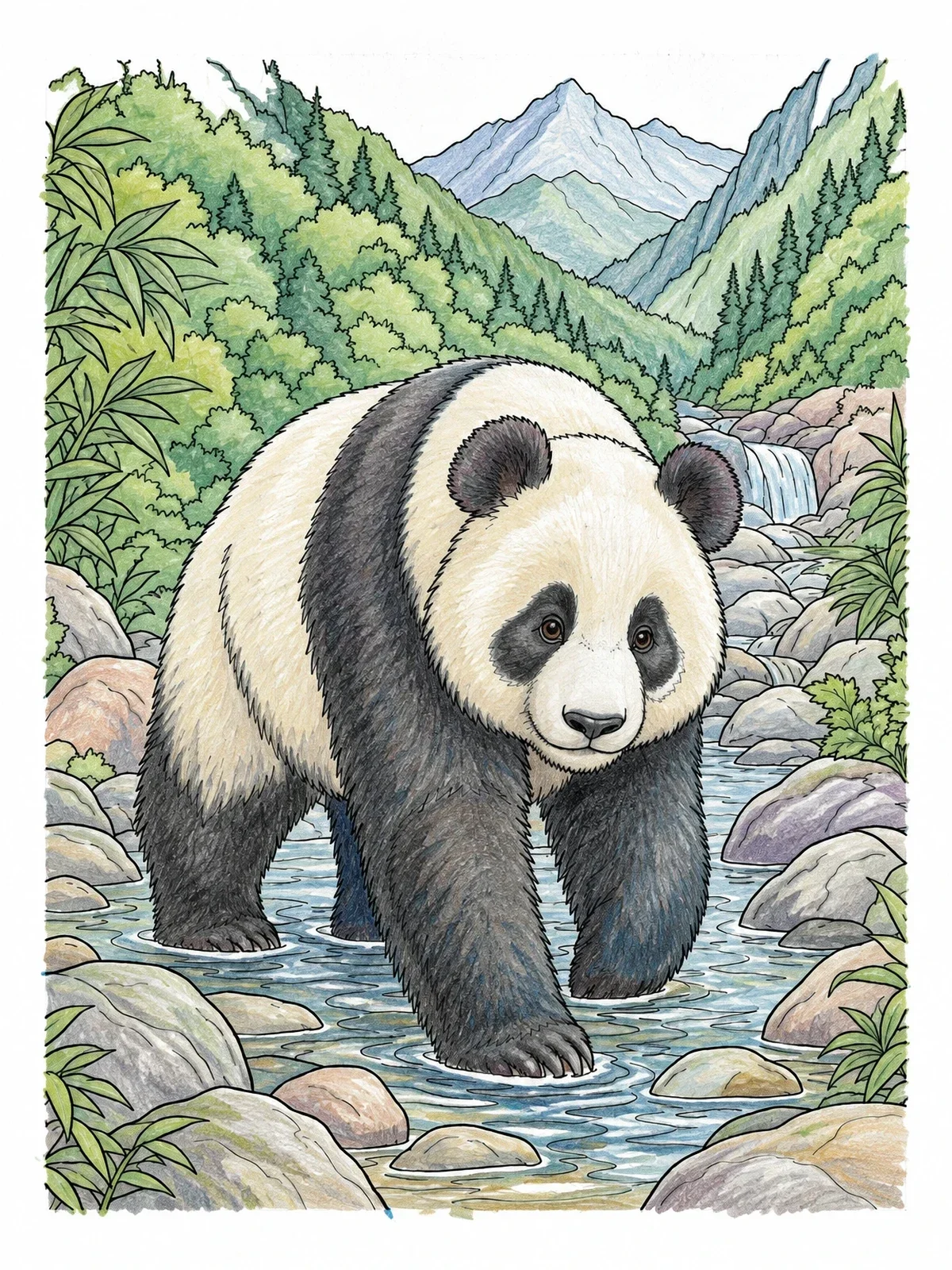Colored example of the Giant Panda Wading In Mountain Creek coloring page