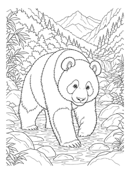 A realistic panda coloring page showing the bear walking in a rocky creek with mountain scenery.