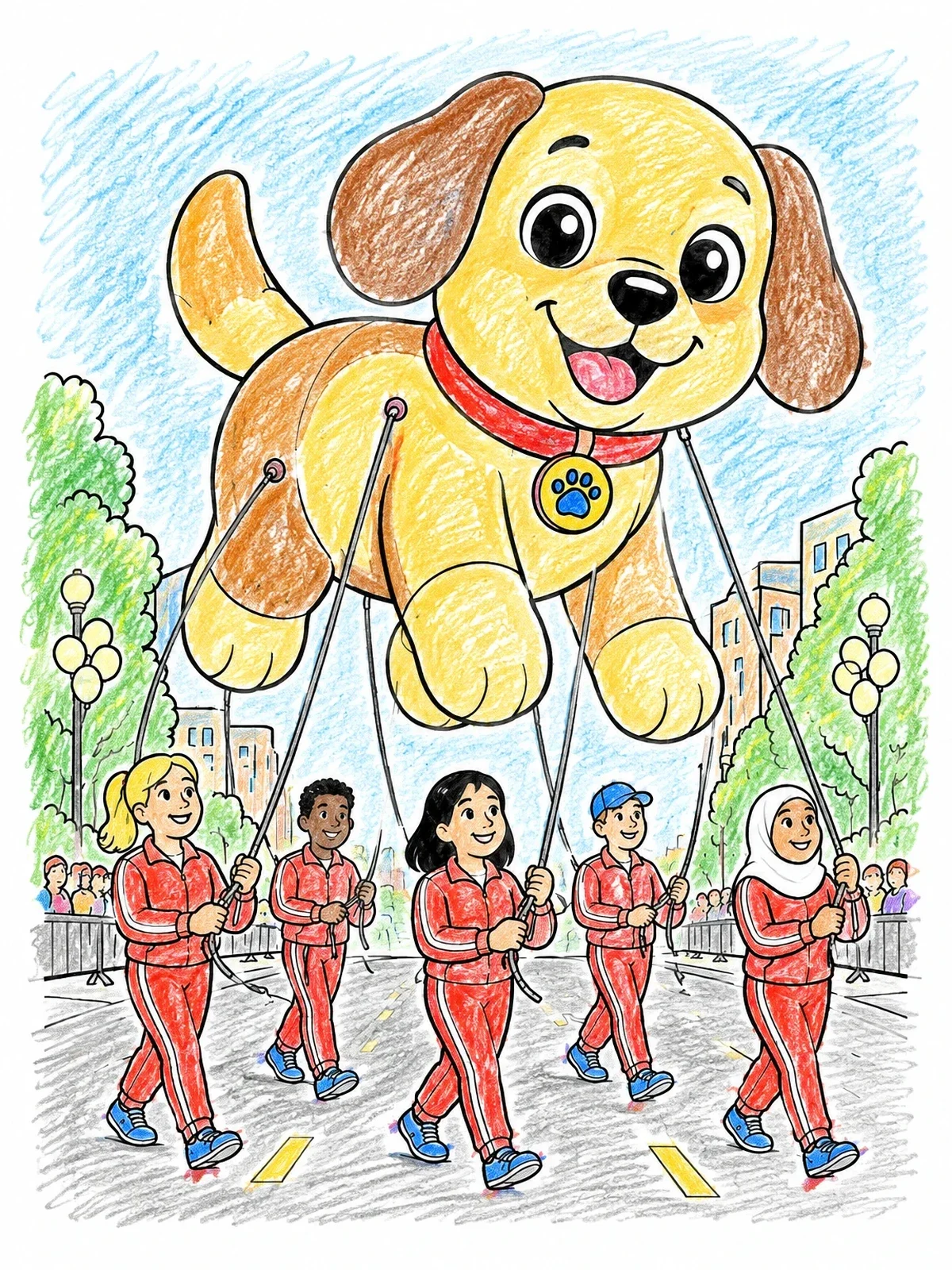Colored example of the Giant Puppy Balloon At The Parade coloring page