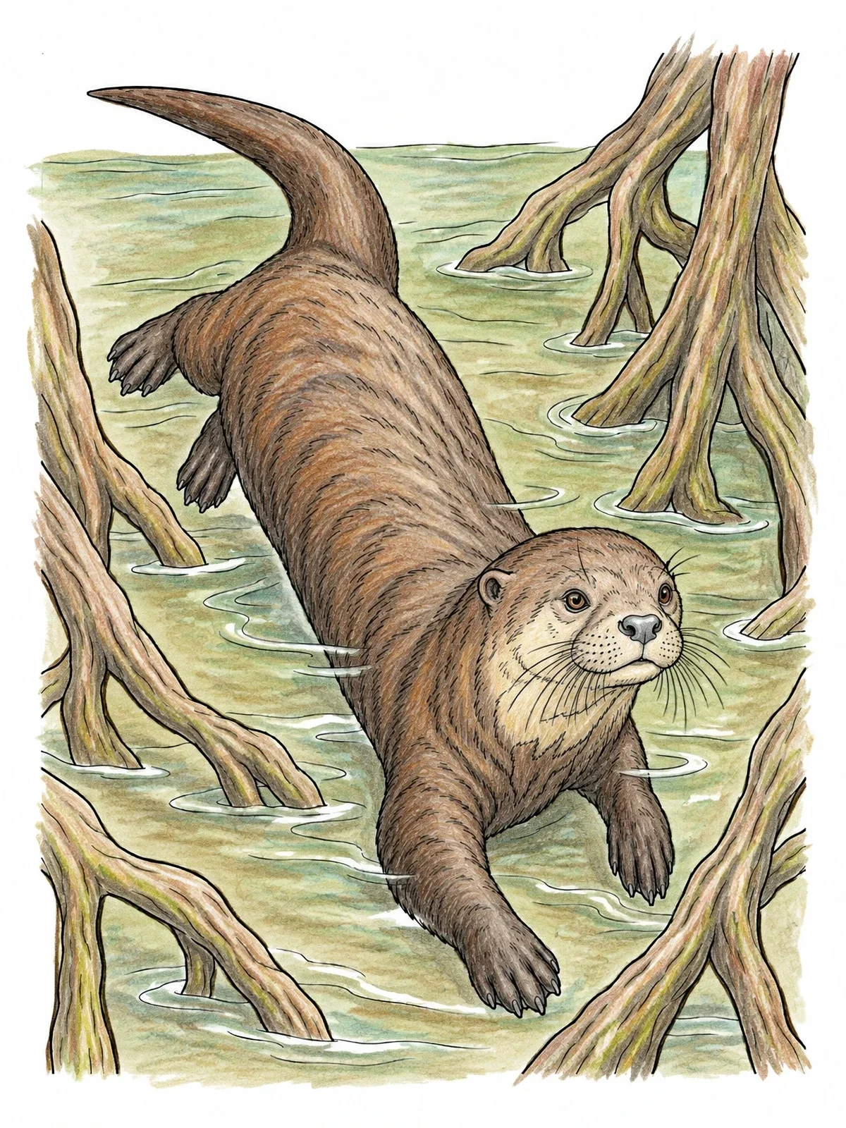 Colored example of the Giant River Otter In The Mangroves coloring page