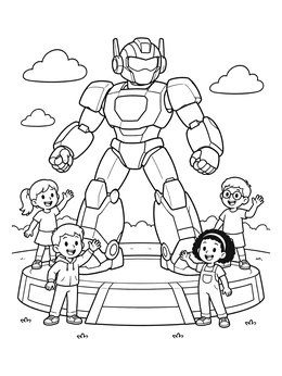 A friendly giant mech suit standing on a platform surrounded by happy children in this robot coloring page.