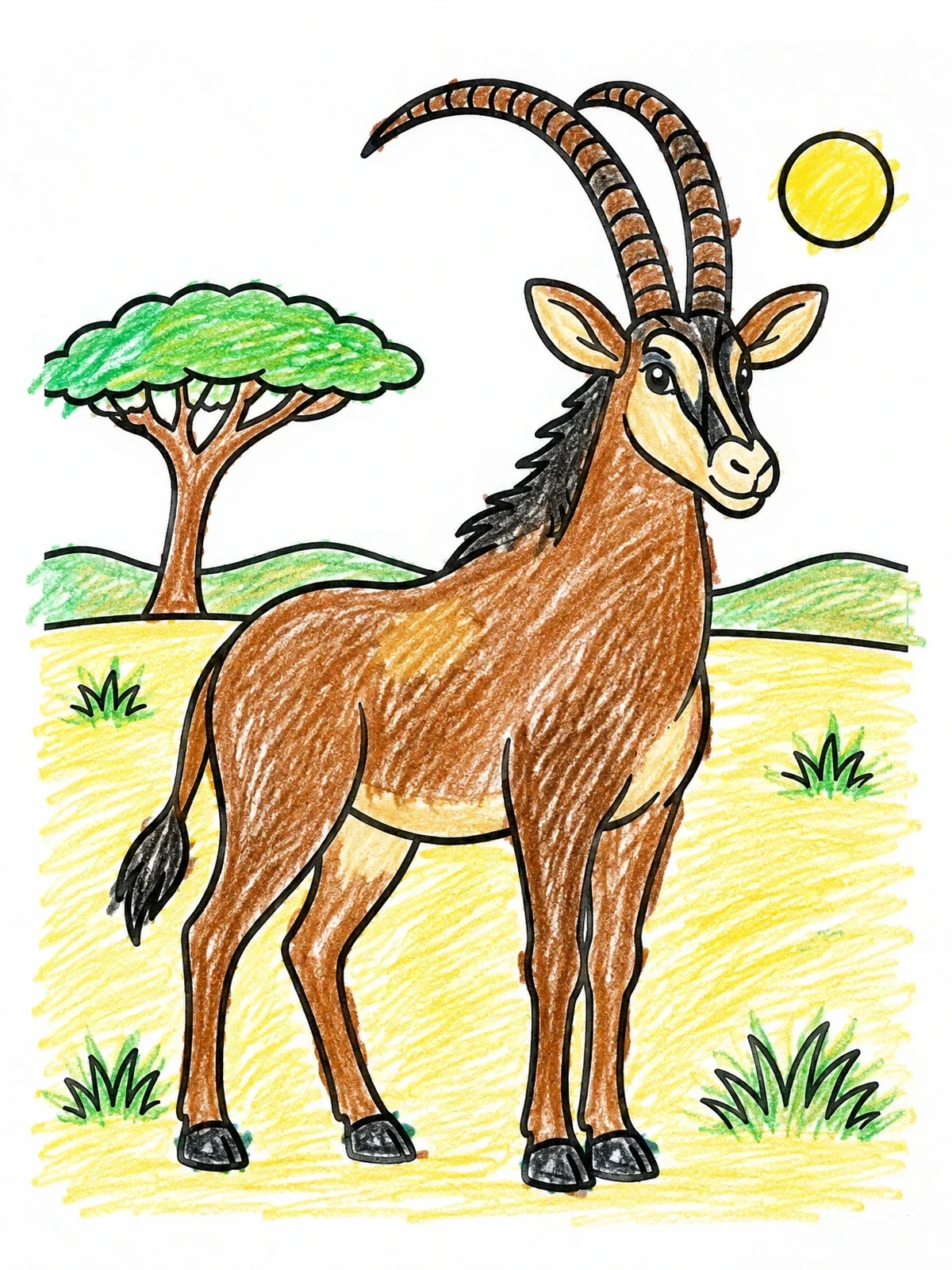 Colored example of the Giant Sable Antelope On Savanna coloring page