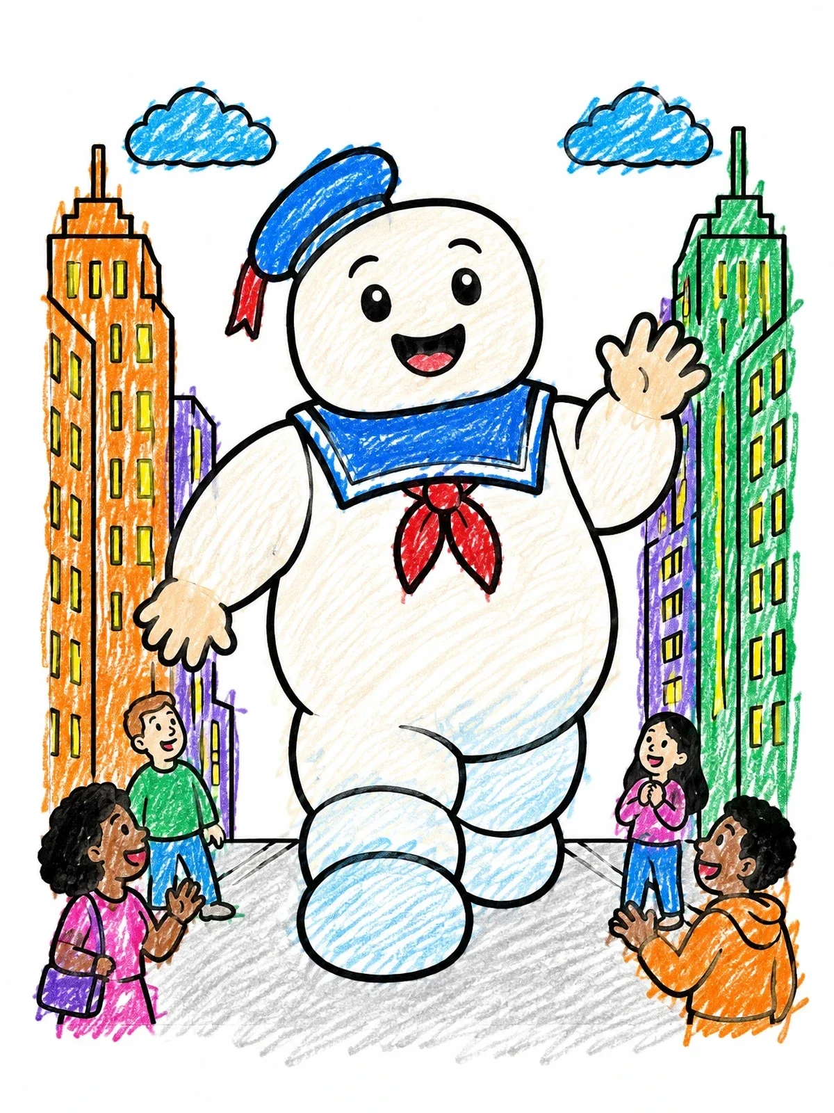 Colored example of the Giant Sailor Marshmallow Man In City coloring page