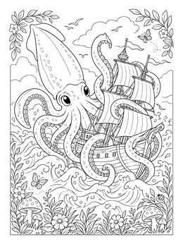 A friendly giant squid wraps tentacles around a ship in this detailed squid coloring page.