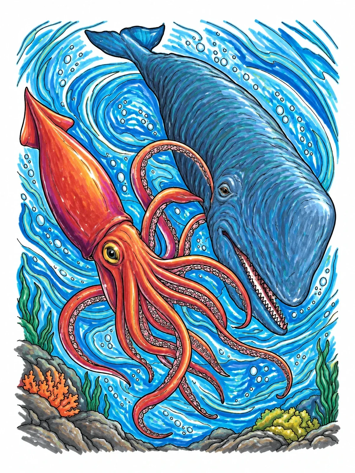 Colored example of the Giant Squid And Sperm Whale Encounter coloring page