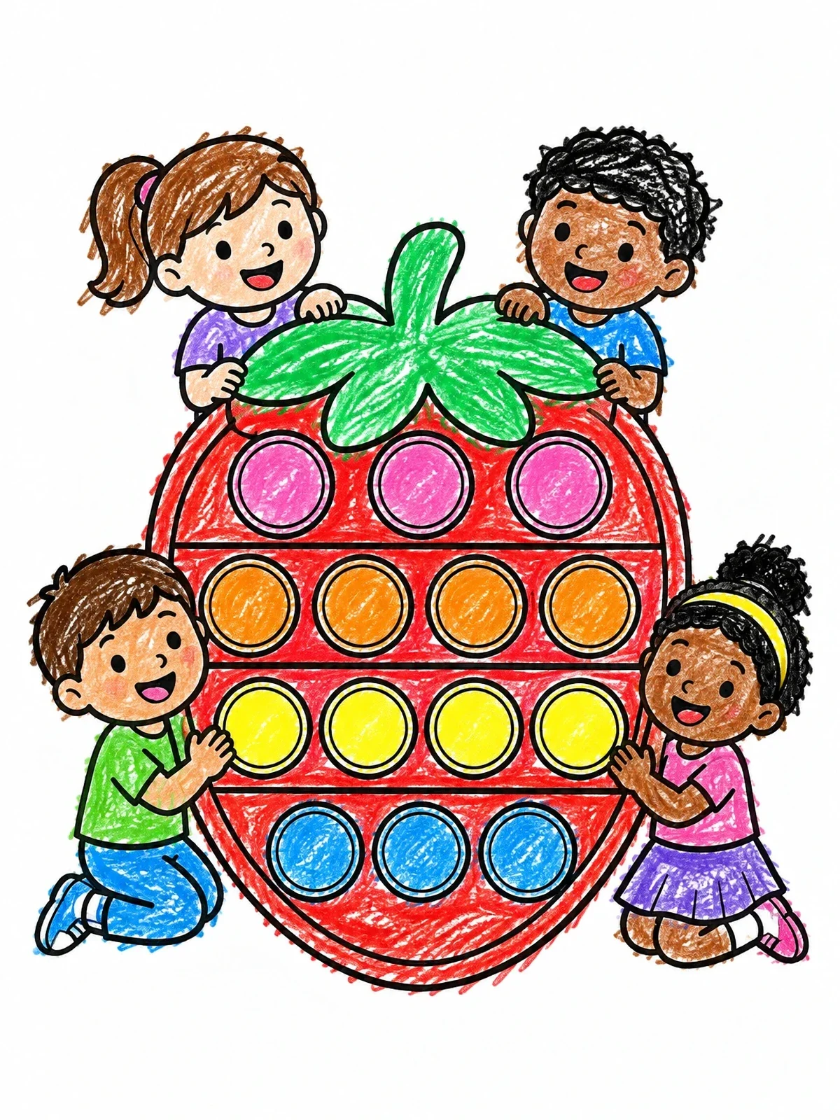 Colored example of the Happy Kids With Giant Strawberry Pop It coloring page