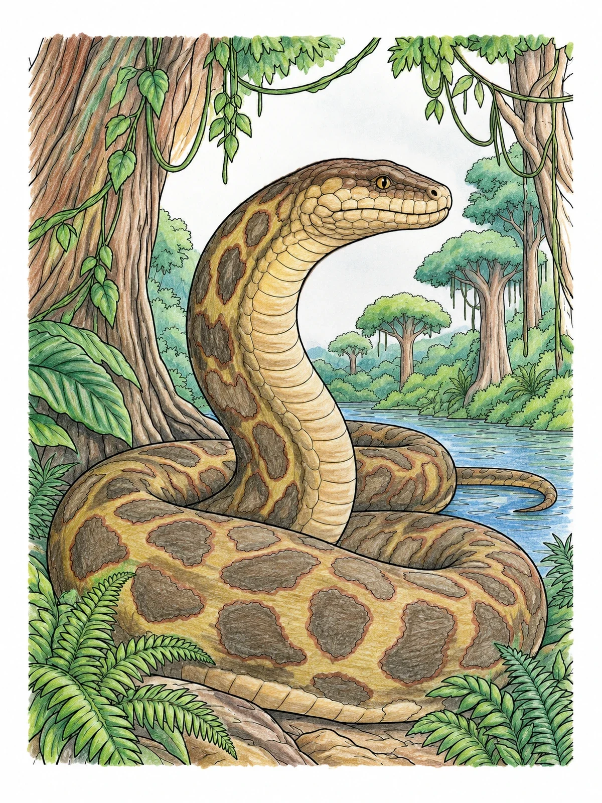 Colored example of the Giant Titanoboa In The Prehistoric Rainforest coloring page