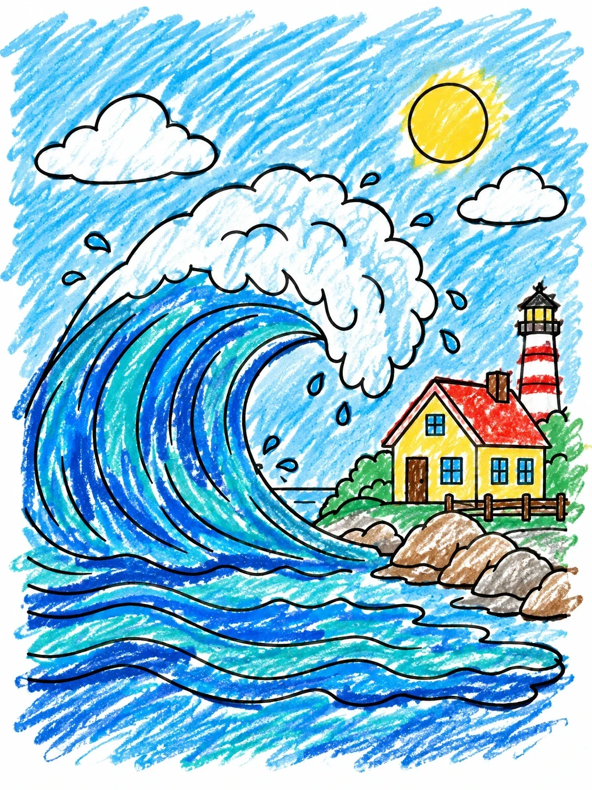 Colored example of the Giant Wave By Coast House coloring page