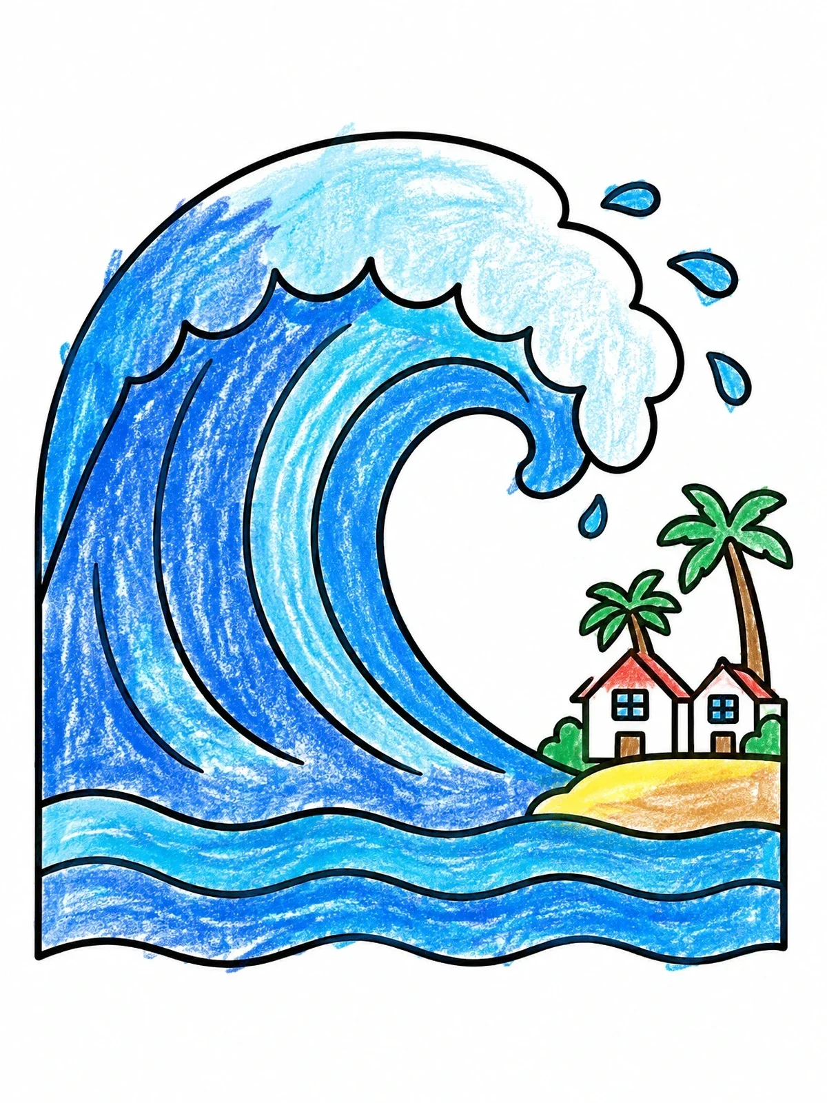 Colored example of the Giant Wave Over Coastal Village coloring page
