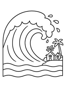 Free printable Giant Wave Over Coastal Village coloring page