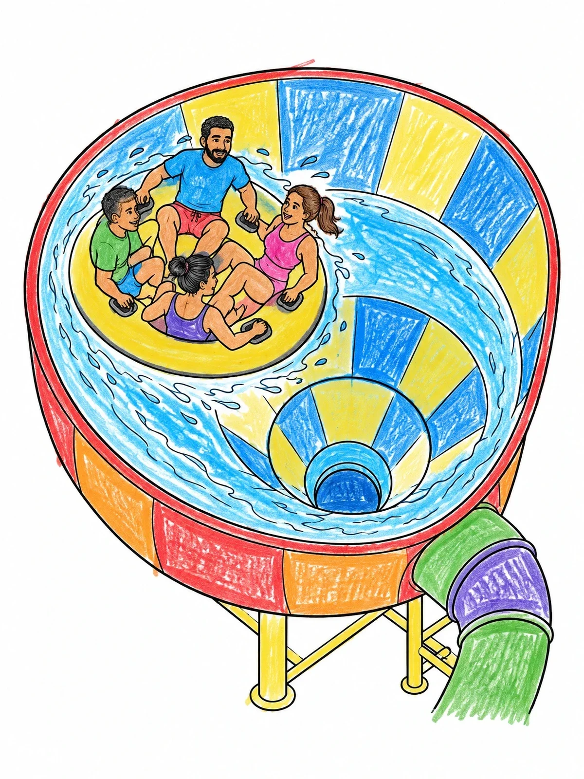Colored example of the Family Rafting In Giant Water Funnel coloring page