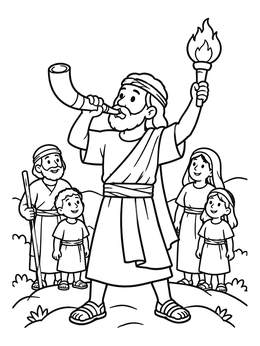 Free printable Gideon Blowing Shofar With Torch coloring page