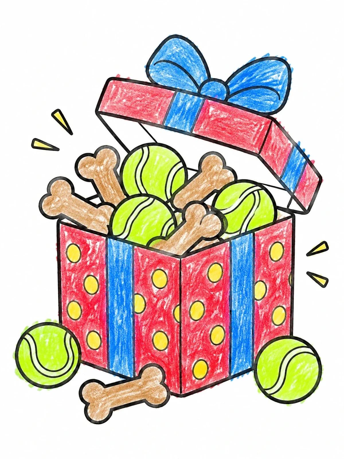 Colored example of the Gift Box Full Of Dog Bones And Balls coloring page