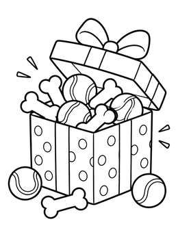 A joyful surprise on this dog bone coloring page with treats and tennis balls in a gift box.