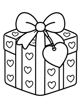 A gift box tied with ribbon on this cheerful heart coloring page.