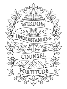 An ornate gifts of the holy spirit coloring page showing banners with wisdom, understanding, counsel, and fortitude.