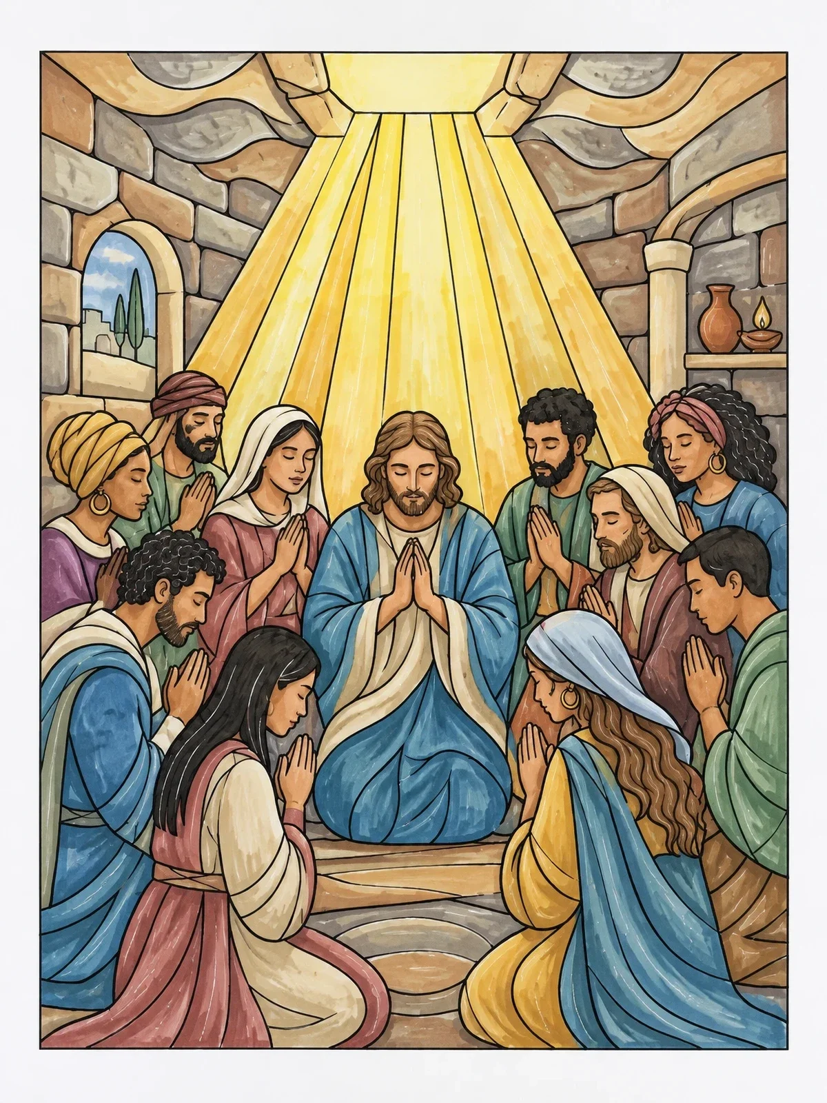 Colored example of the Disciples Praying Under Heavenly Light coloring page