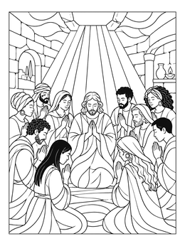 A peaceful gifts of the holy spirit coloring page showing believers gathered in prayer under radiant beams of light.