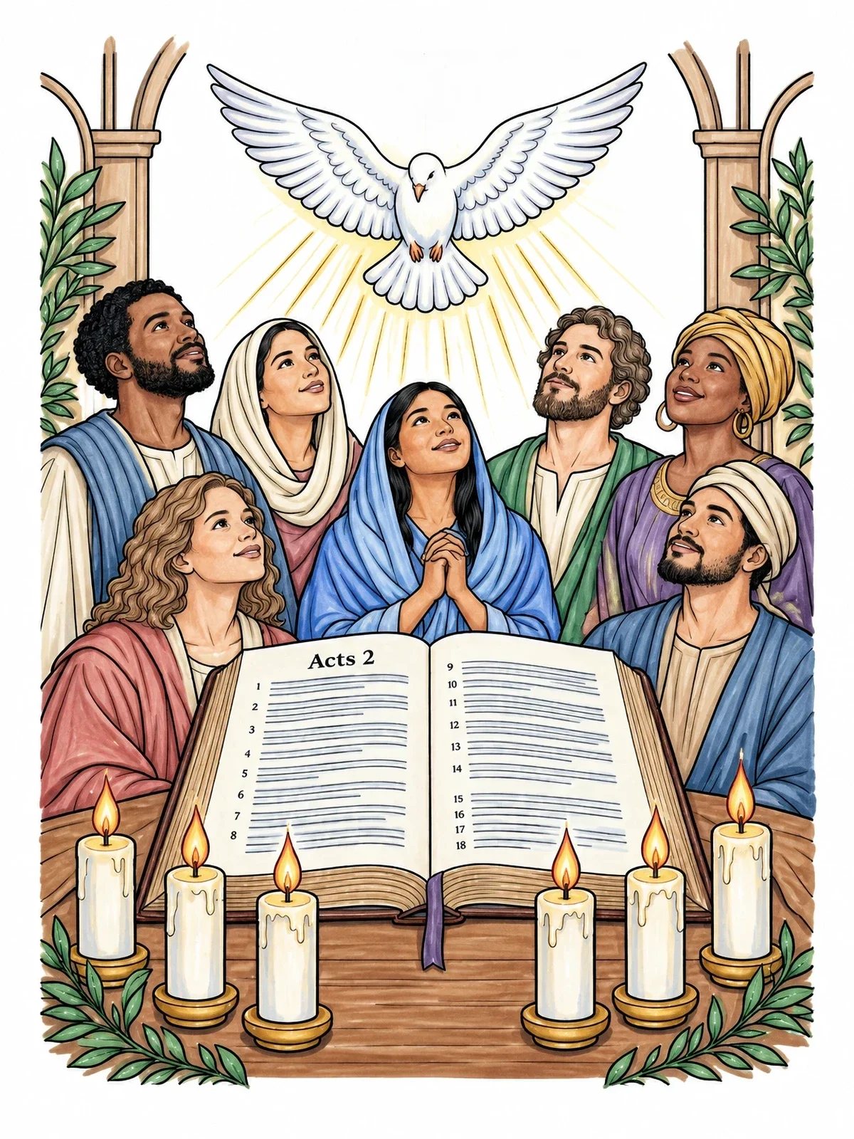 Colored example of the Holy Spirit Dove, Bible, And Believers coloring page