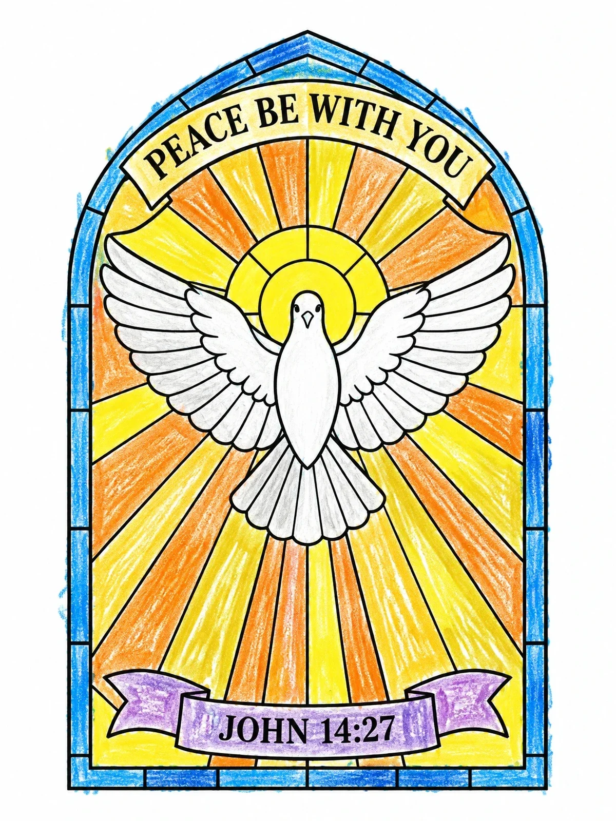 Colored example of the Holy Spirit Dove Stained Glass coloring page