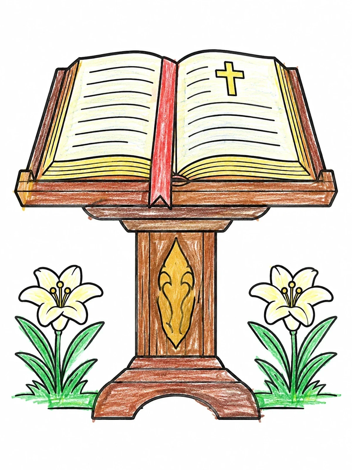 Colored example of the Open Bible On Church Lectern coloring page