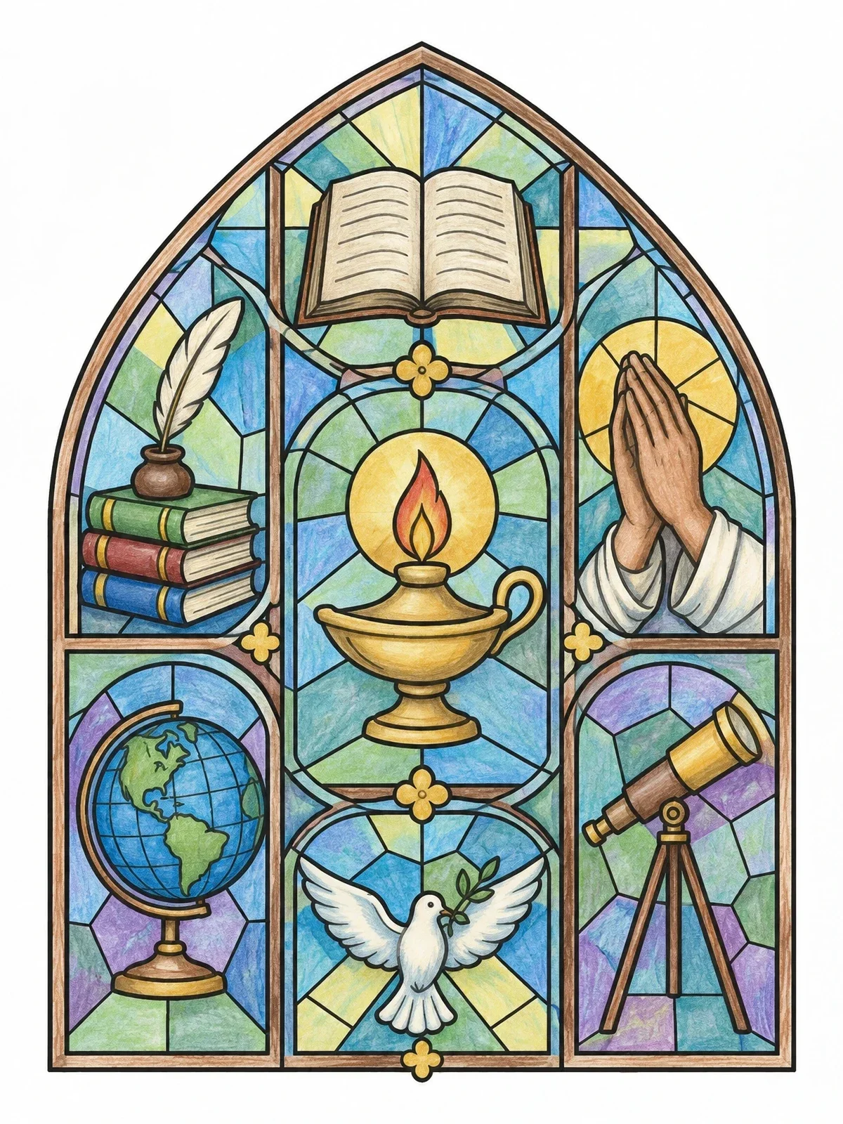 Colored example of the Stained Glass Holy Spirit Symbols coloring page
