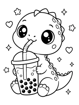 Free printable Cute Baby Dinosaur Drinking Boba Tea coloring page