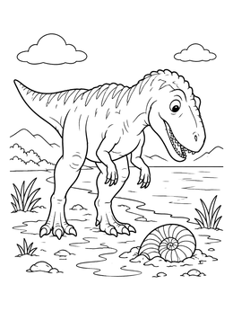 A friendly dinosaur looking at a fossil shell on this gigantosaurus coloring page by the water.