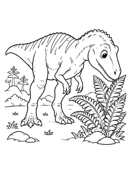 Free printable Cute Giganotosaurus Sniffing Prehistoric Ferns coloring page