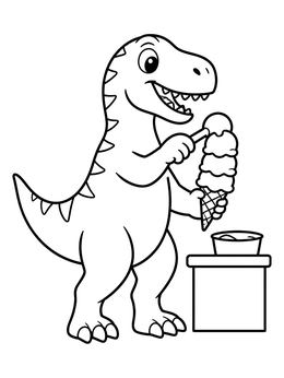 A cheerful gigantosaurus coloring page shows a dinosaur scooping ice cream onto a waffle cone.