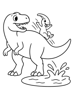 A cheerful gigantosaurus coloring page showing a baby dinosaur sliding down its back.