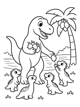 Free printable Friendly Dinosaur Sharing Fruit With Babies coloring page