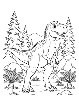 A friendly dinosaur smiles in this gigantosaurus coloring page surrounded by pine trees and cycads.