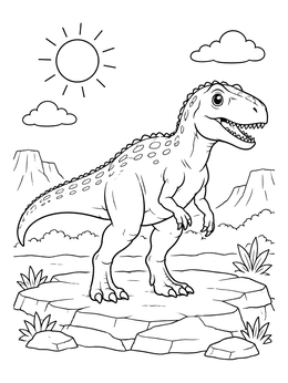 A friendly gigantosaurus coloring page showing a dinosaur standing on a sunny rock.