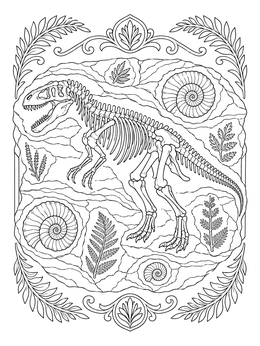 A detailed gigantosaurus coloring page showing a dinosaur skeleton surrounded by ammonites and ferns.