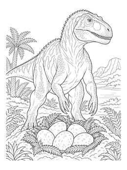 A detailed gigantosaurus coloring page showing the giant dinosaur watching over a nest of prehistoric eggs.