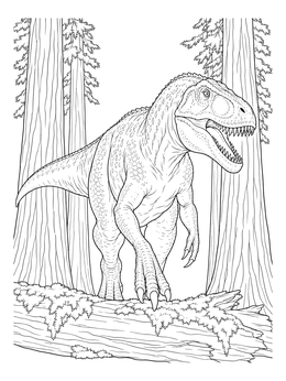A realistic gigantosaurus coloring page showing the predator prowling past large trees.