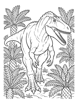 A mighty predator in this gigantosaurus coloring page stalks through lush prehistoric cycad palms.