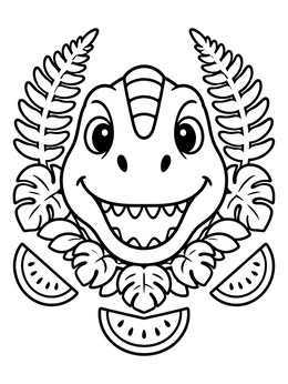 Free printable Happy Dinosaur With Tropical Leaves And Melons coloring page