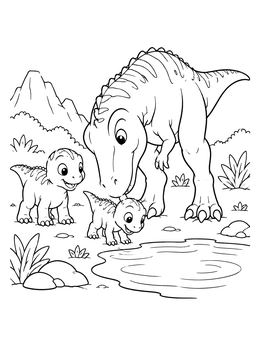A friendly gigantosaurus coloring page showing a parent dinosaur guiding its baby to water.