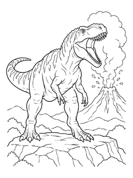 A mighty dinosaur roars on this gigantosaurus coloring page featuring an erupting volcano.