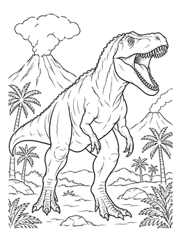 A ferocious dinosaur stands tall in this gigantosaurus coloring page with volcanoes.